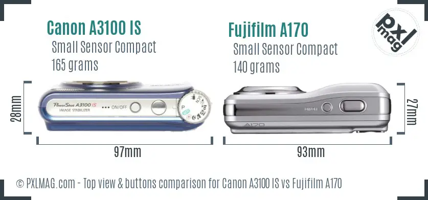 Canon A3100 IS vs Fujifilm A170 top view buttons comparison