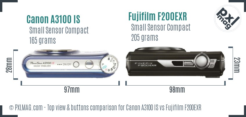 Canon A3100 IS vs Fujifilm F200EXR top view buttons comparison