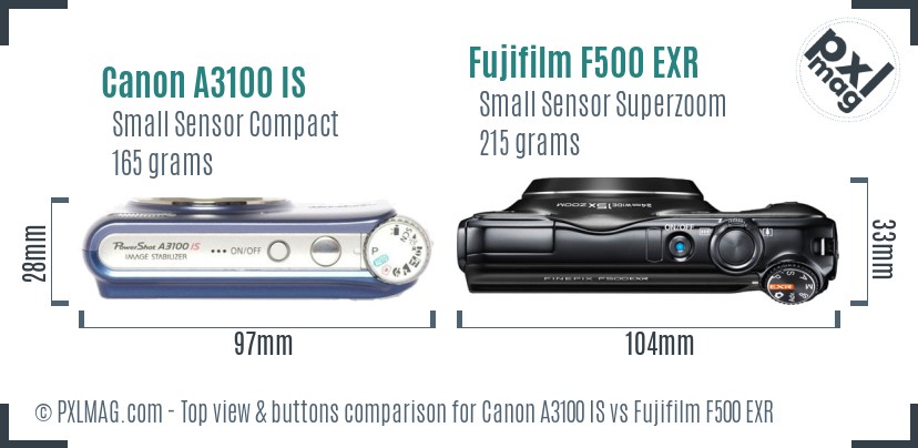 Canon A3100 IS vs Fujifilm F500 EXR top view buttons comparison