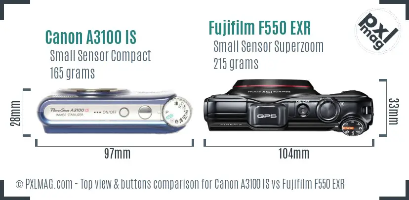 Canon A3100 IS vs Fujifilm F550 EXR top view buttons comparison