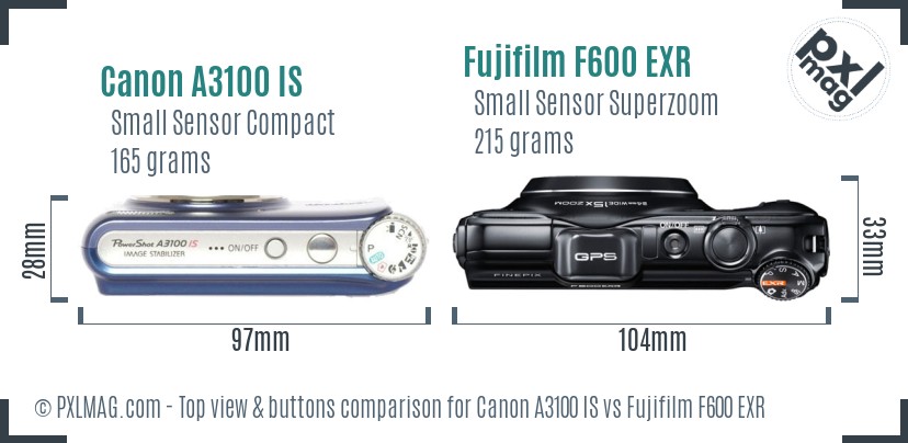 Canon A3100 IS vs Fujifilm F600 EXR top view buttons comparison