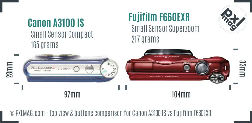 Canon A3100 IS vs Fujifilm F660EXR top view buttons comparison