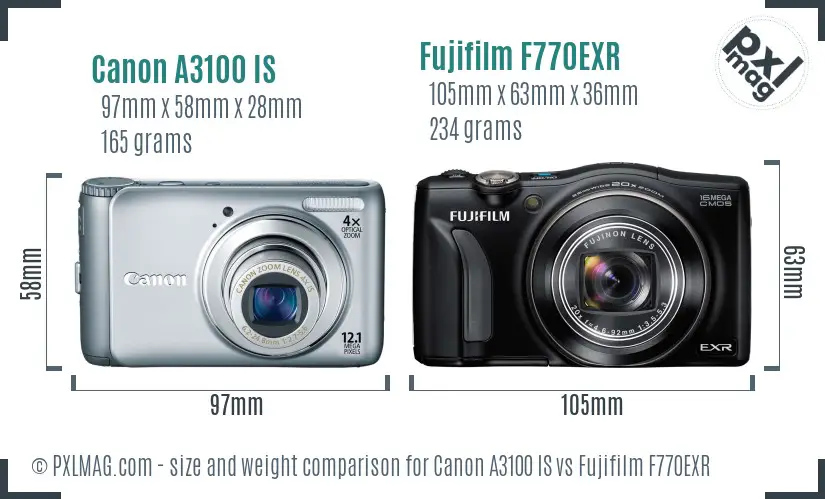 Canon A3100 IS vs Fujifilm F770EXR size comparison Canon A3100 IS vs Fujifilm F770EXR size comparison