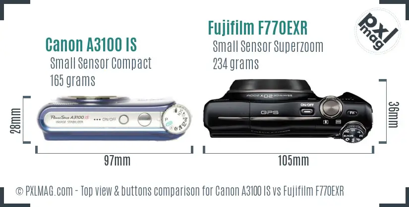Canon A3100 IS vs Fujifilm F770EXR top view buttons comparison Canon A3100 IS vs Fujifilm F770EXR top view buttons comparison