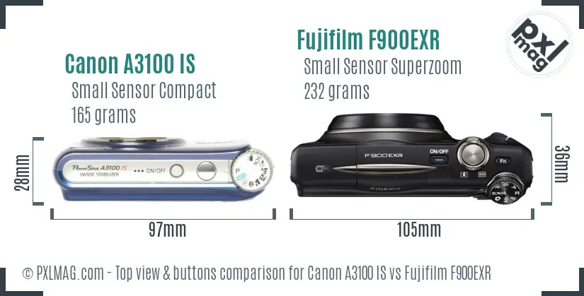 Canon A3100 IS vs Fujifilm F900EXR top view buttons comparison