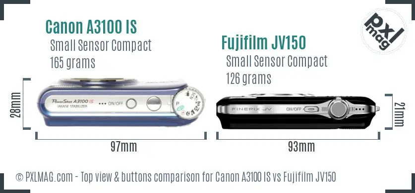 Canon A3100 IS vs Fujifilm JV150 top view buttons comparison