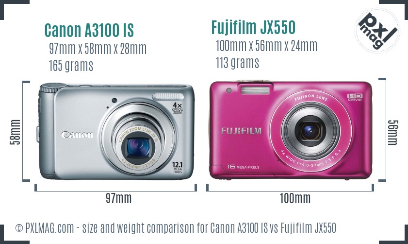 Canon A3100 IS vs Fujifilm JX550 size comparison