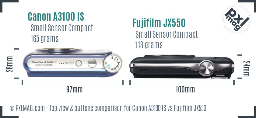 Canon A3100 IS vs Fujifilm JX550 top view buttons comparison