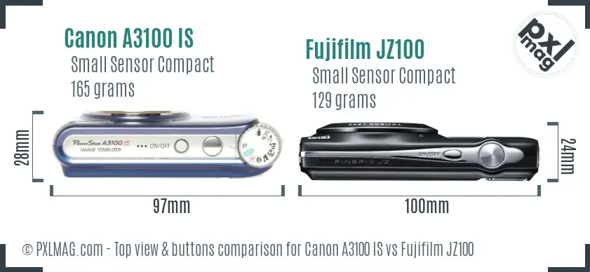 Canon A3100 IS vs Fujifilm JZ100 top view buttons comparison Canon A3100 IS vs Fujifilm JZ100 top view buttons comparison