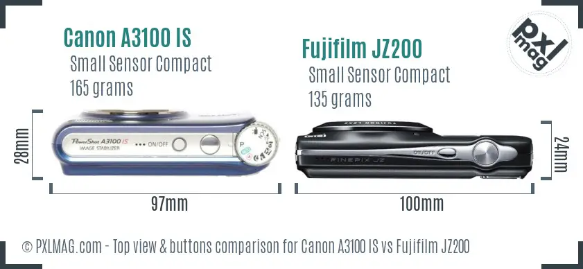 Canon A3100 IS vs Fujifilm JZ200 top view buttons comparison Canon A3100 IS vs Fujifilm JZ200 top view buttons comparison