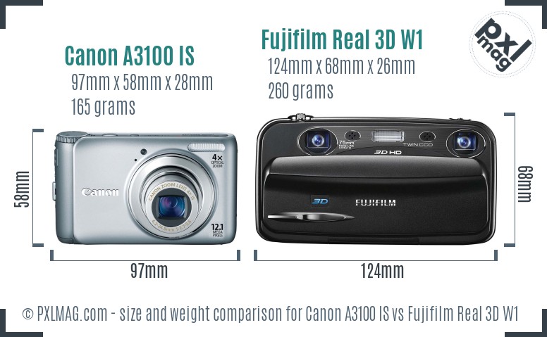 Canon A3100 IS vs Fujifilm Real 3D W1 size comparison