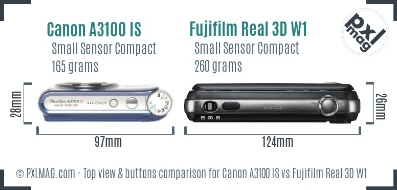 Canon A3100 IS vs Fujifilm Real 3D W1 top view buttons comparison