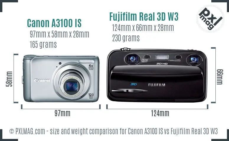 Canon A3100 IS vs Fujifilm Real 3D W3 size comparison Canon A3100 IS vs Fujifilm Real 3D W3 size comparison