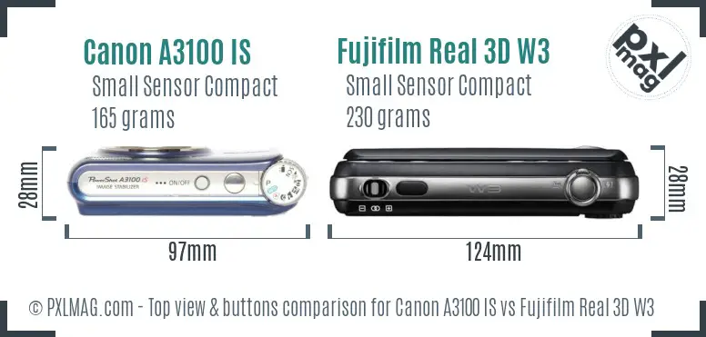 Canon A3100 IS vs Fujifilm Real 3D W3 top view buttons comparison Canon A3100 IS vs Fujifilm Real 3D W3 top view buttons comparison