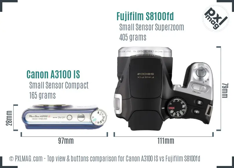 Canon A3100 IS vs Fujifilm S8100fd top view buttons comparison