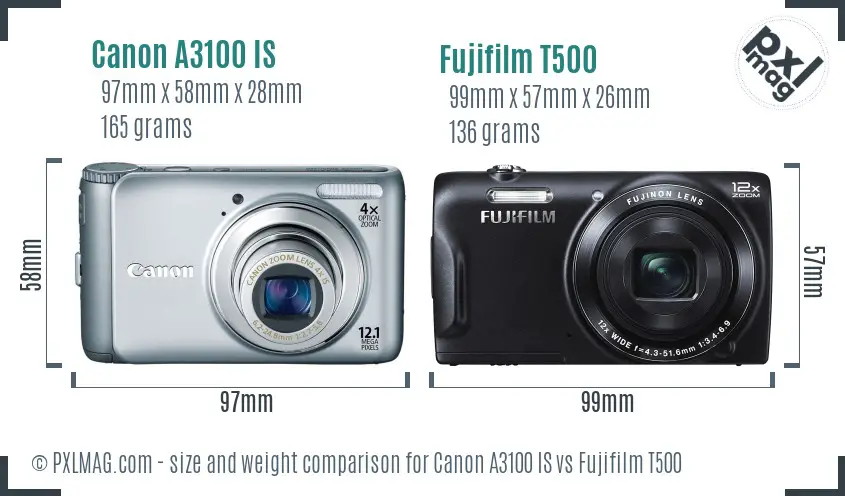 Canon A3100 IS vs Fujifilm T500 size comparison