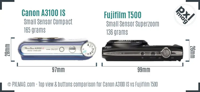 Canon A3100 IS vs Fujifilm T500 top view buttons comparison