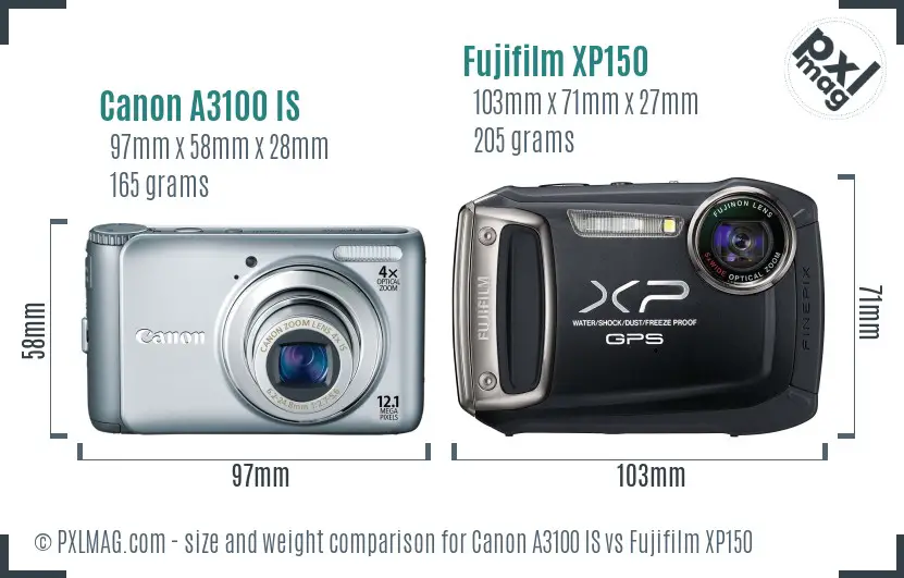 Canon A3100 IS vs Fujifilm XP150 size comparison