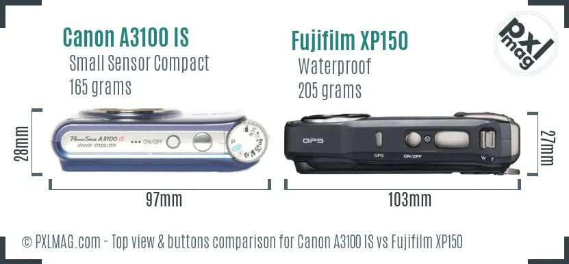 Canon A3100 IS vs Fujifilm XP150 top view buttons comparison