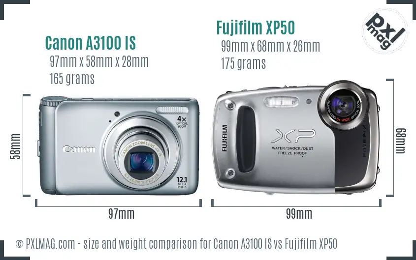 Canon A3100 IS vs Fujifilm XP50 size comparison Canon A3100 IS vs Fujifilm XP50 size comparison