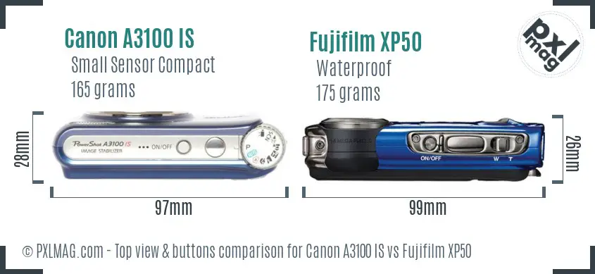 Canon A3100 IS vs Fujifilm XP50 top view buttons comparison Canon A3100 IS vs Fujifilm XP50 top view buttons comparison