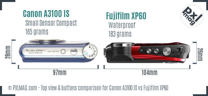 Canon A3100 IS vs Fujifilm XP60 top view buttons comparison