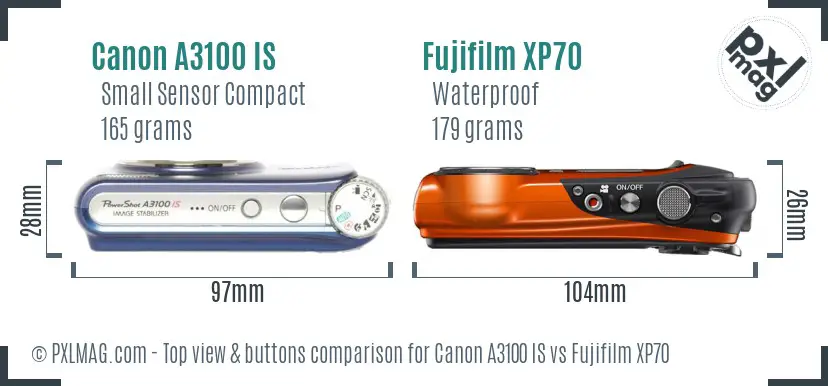 Canon A3100 IS vs Fujifilm XP70 top view buttons comparison Canon A3100 IS vs Fujifilm XP70 top view buttons comparison