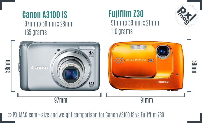 Canon A3100 IS vs Fujifilm Z30 size comparison