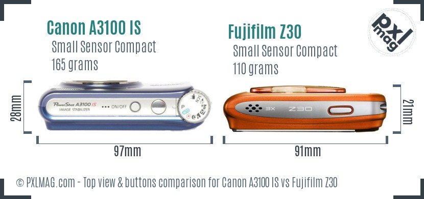 Canon A3100 IS vs Fujifilm Z30 top view buttons comparison