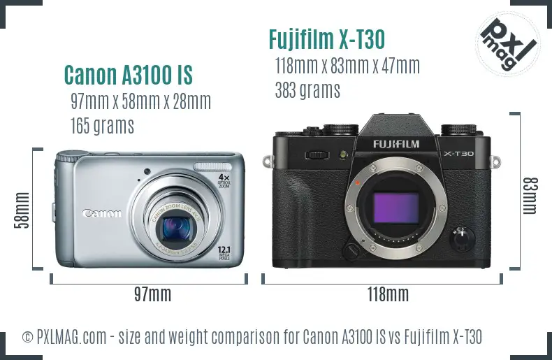 Canon A3100 IS vs Fujifilm X-T30 size comparison
