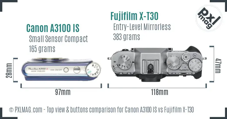 Canon A3100 IS vs Fujifilm X-T30 top view buttons comparison