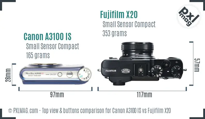 Canon A3100 IS vs Fujifilm X20 top view buttons comparison