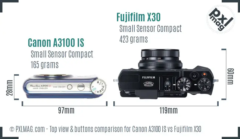 Canon A3100 IS vs Fujifilm X30 top view buttons comparison