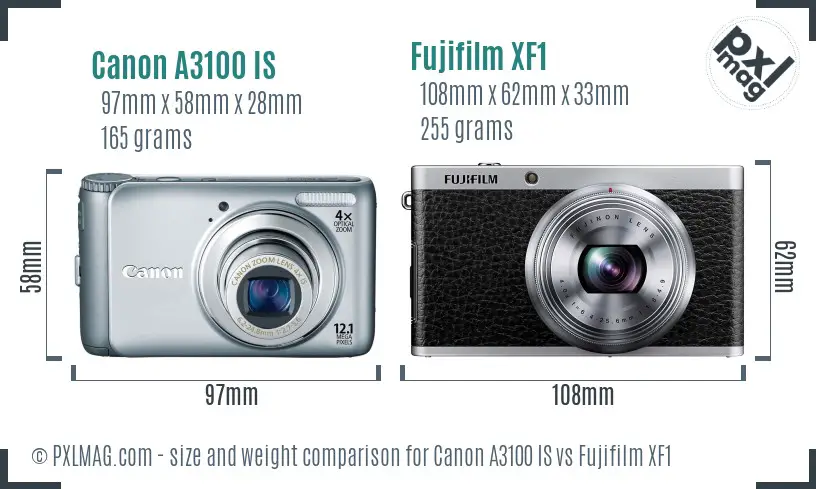 Canon A3100 IS vs Fujifilm XF1 size comparison