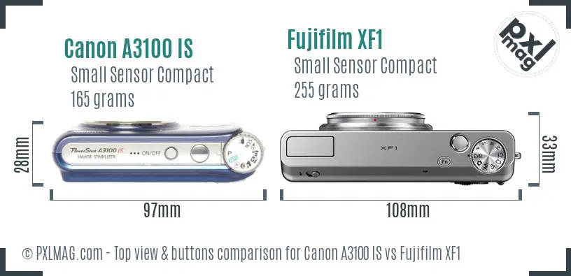 Canon A3100 IS vs Fujifilm XF1 top view buttons comparison