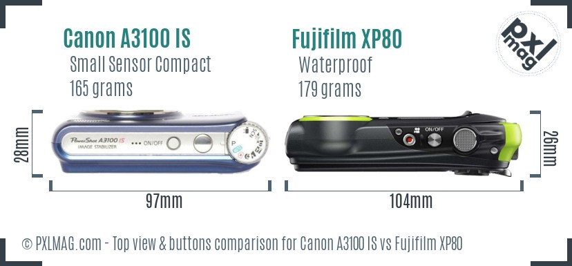 Canon A3100 IS vs Fujifilm XP80 top view buttons comparison