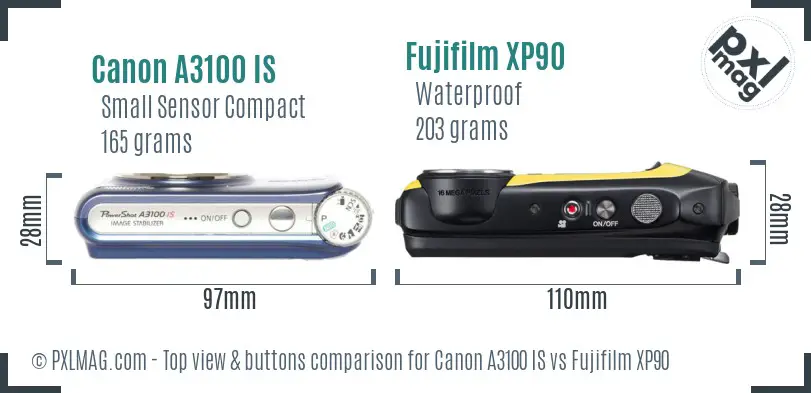 Canon A3100 IS vs Fujifilm XP90 top view buttons comparison