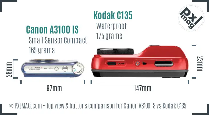 Canon A3100 IS vs Kodak C135 top view buttons comparison
