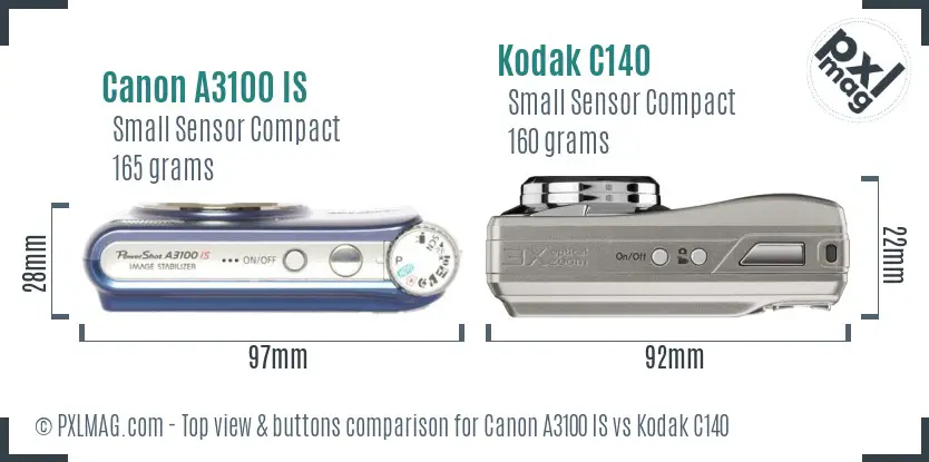 Canon A3100 IS vs Kodak C140 top view buttons comparison Canon A3100 IS vs Kodak C140 top view buttons comparison