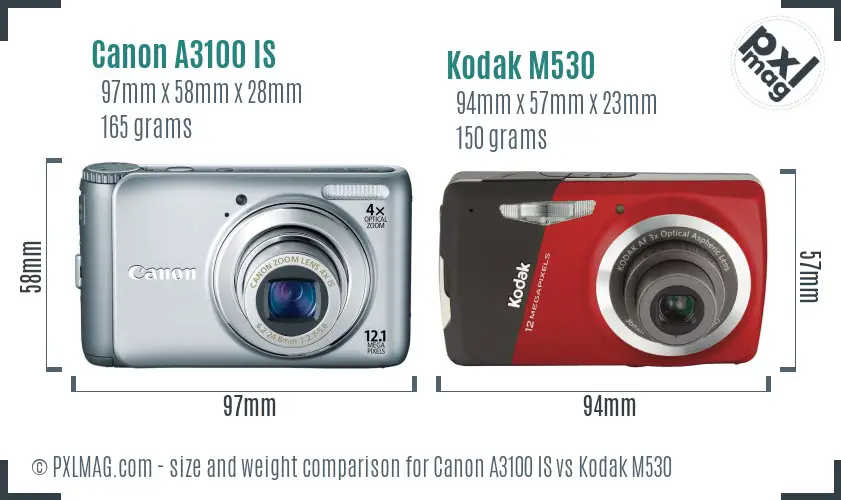 Canon A3100 IS vs Kodak M530 size comparison