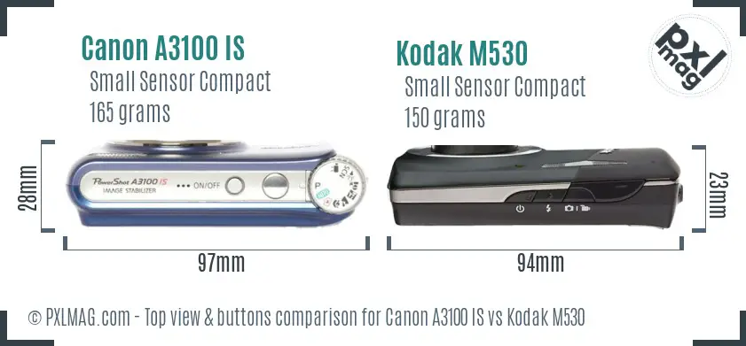 Canon A3100 IS vs Kodak M530 top view buttons comparison