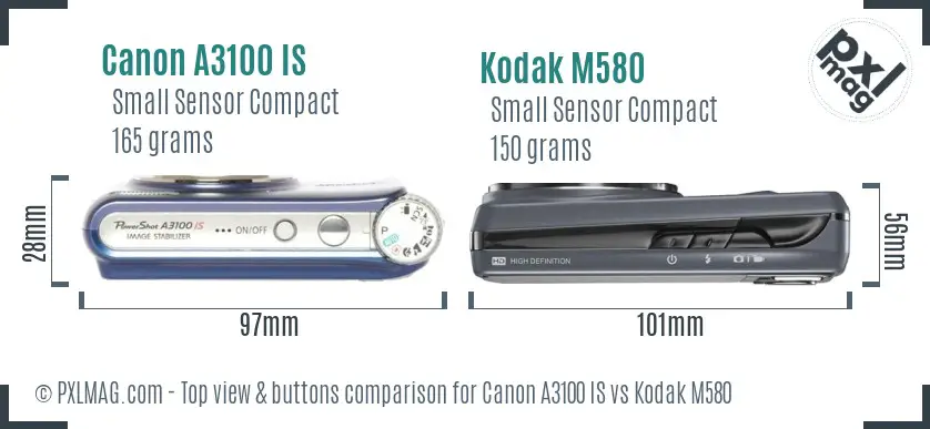 Canon A3100 IS vs Kodak M580 top view buttons comparison