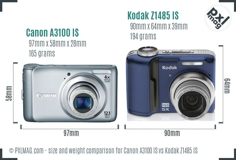 Canon A3100 IS vs Kodak Z1485 IS size comparison