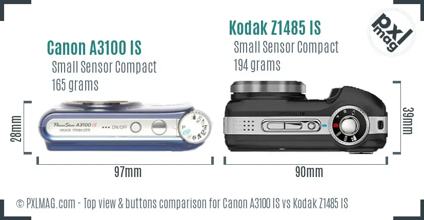 Canon A3100 IS vs Kodak Z1485 IS top view buttons comparison