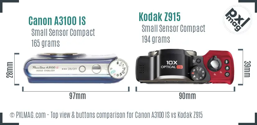 Canon A3100 IS vs Kodak Z915 top view buttons comparison