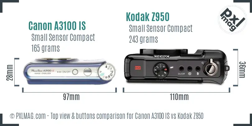 Canon A3100 IS vs Kodak Z950 top view buttons comparison