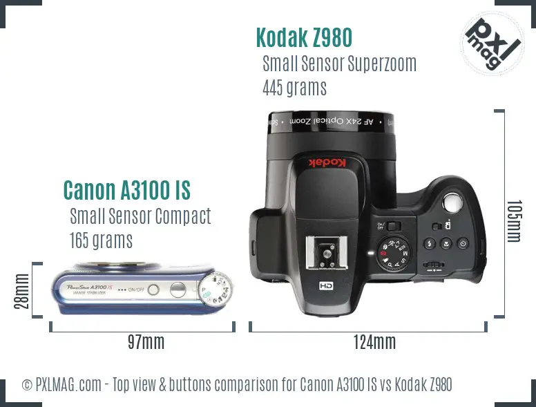 Canon A3100 IS vs Kodak Z980 top view buttons comparison