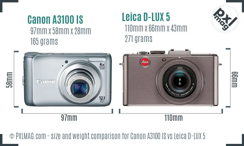 Canon A3100 IS vs Leica D-LUX 5 size comparison