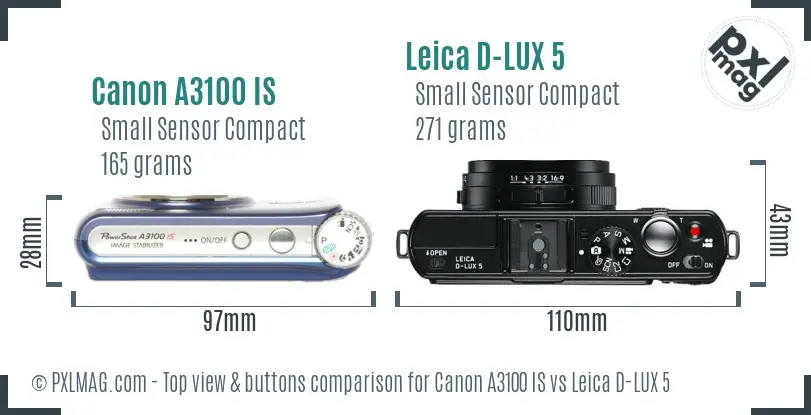 Canon A3100 IS vs Leica D-LUX 5 top view buttons comparison