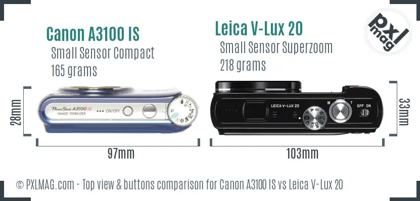 Canon A3100 IS vs Leica V-Lux 20 top view buttons comparison Canon A3100 IS vs Leica V-Lux 20 top view buttons comparison
